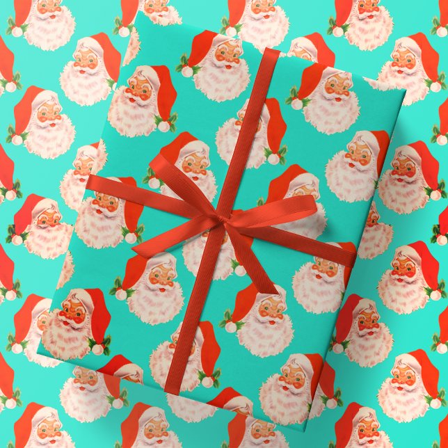 Retro Santa Claus Aqua Christmas Wrapping Paper (Creator Uploaded)