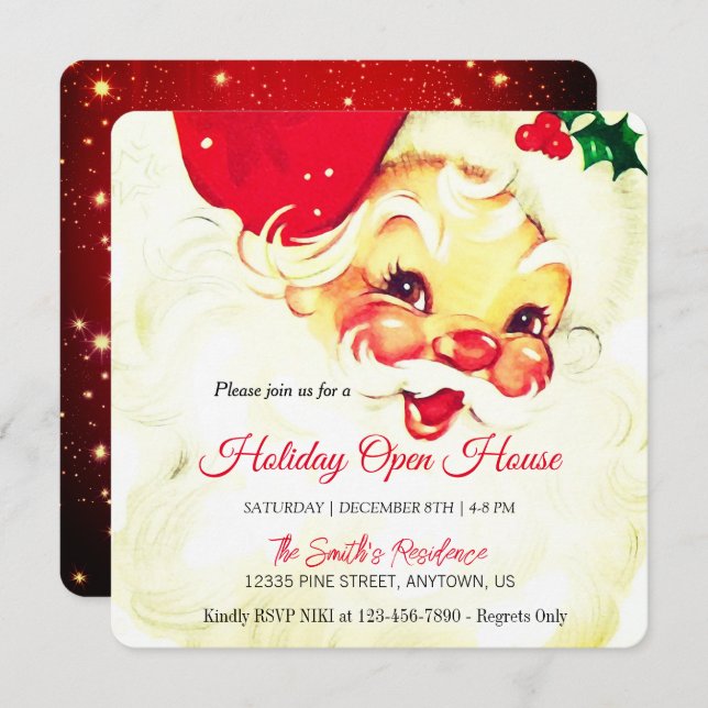 Retro Santa Claus  Celebration, Open House Holiday Card (Front/Back)
