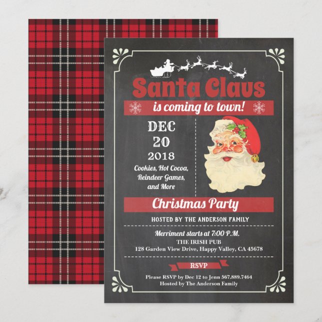Retro Santa Claus Christmas party chalkboard Invitation (Front/Back)
