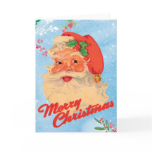 Retro Santa Claus Holly Snowy Blue Christmas
