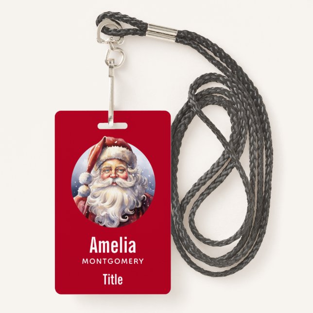 Retro Santa Claus in a Red Hat Christmas Badge (Front with Lanyard)