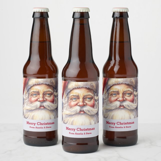 Retro Santa Claus in a Red Hat Christmas Beer Bottle Label (Bottles)