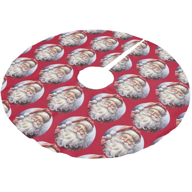 Retro Santa Claus in a Red Hat Christmas Pattern Brushed Polyester Tree Skirt (Angled)
