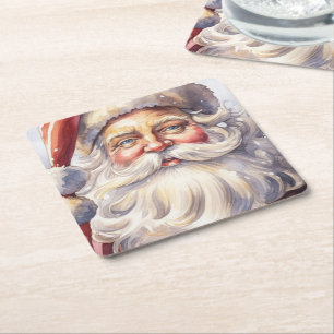 Retro Santa Claus in a Red Hat Christmas Square Paper Coaster