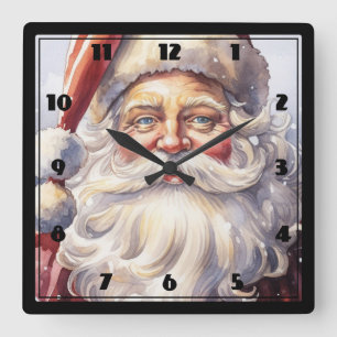 Retro Santa Claus in a Red Hat Christmas Square Wall Clock
