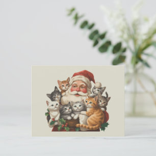 Retro Santa Claus & Kittens Christmas Winter 90s  Holiday Postcard