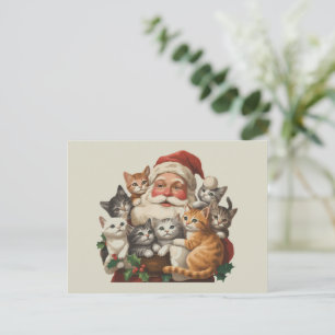 Retro Santa Claus & Kittens Christmas Winter 90s  Holiday Postcard