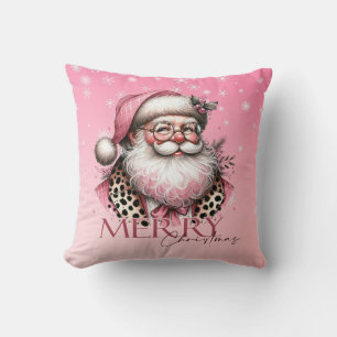 Retro Santa Claus Merry Christmas In Pink Throw Pillow