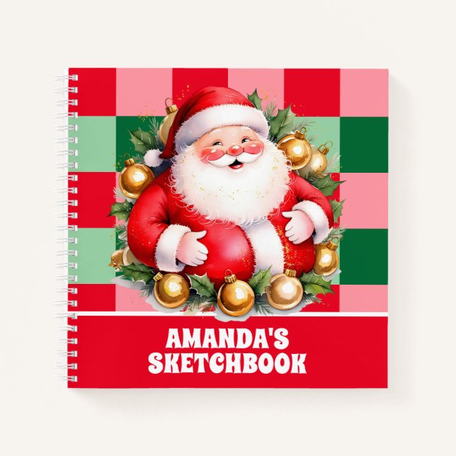 Retro Santa Claus Personalized Kids Sketchbook Notebook (Front)