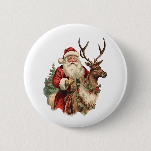 Retro Santa Claus Riding a Reindeer Christmas 2 Inch Round Button (Front)