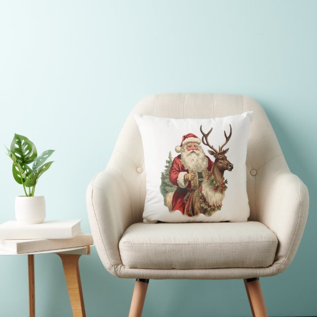 Retro Santa Claus Riding a Reindeer Christmas Throw Pillow (Chair)