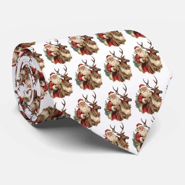 Retro Santa Claus Riding a Reindeer Pattern Tie (Rolled)