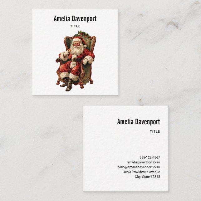 Retro Santa Claus Sitting in a Chair Christmas Square Business Card (Front/Back)
