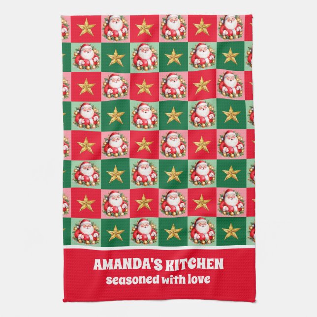 Retro Santa Claus Tartan Plaid Christmas Kitchen Towel (Vertical)