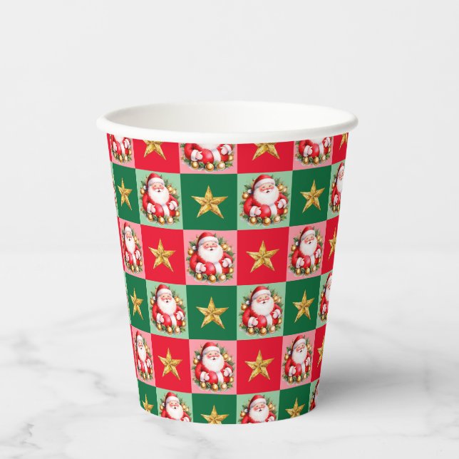 Retro Santa Claus Tartan Plaid Christmas Paper Cups (Front)