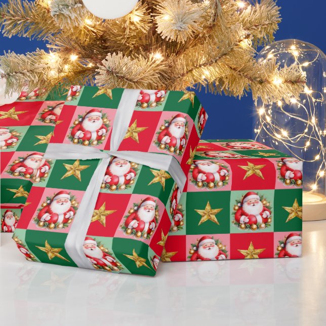 Retro Santa Claus Tartan Plaid Christmas Wrapping Paper (Holidays)