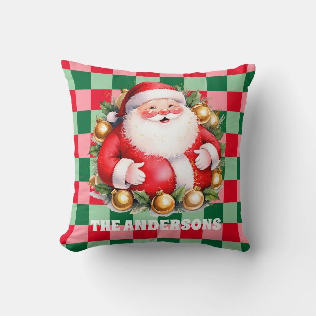Retro Santa Claus Tartan Plaid Merry Christmas Throw Pillow (Front)