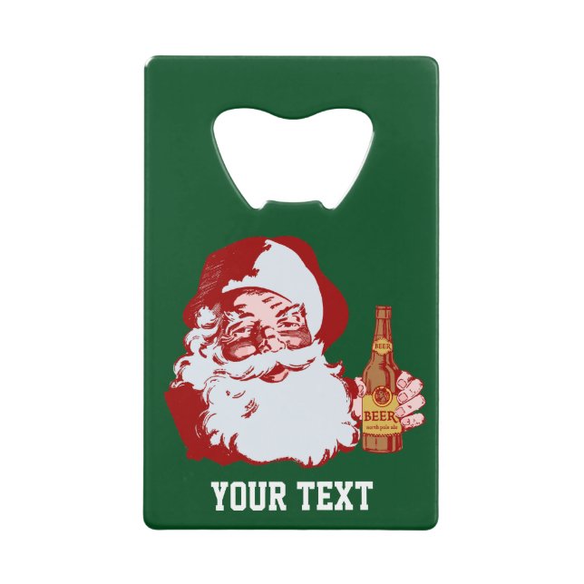 Retro Santa Claus with a Beer Christmas Custom Credit Card Bottle Opener (Front)