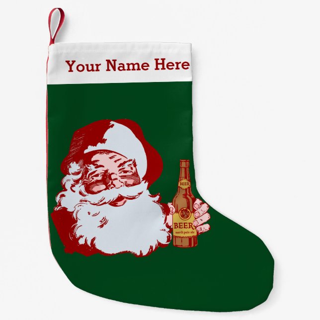 Retro Santa Claus with Beer Christmas Funny Name Small Christmas Stocking (Front)