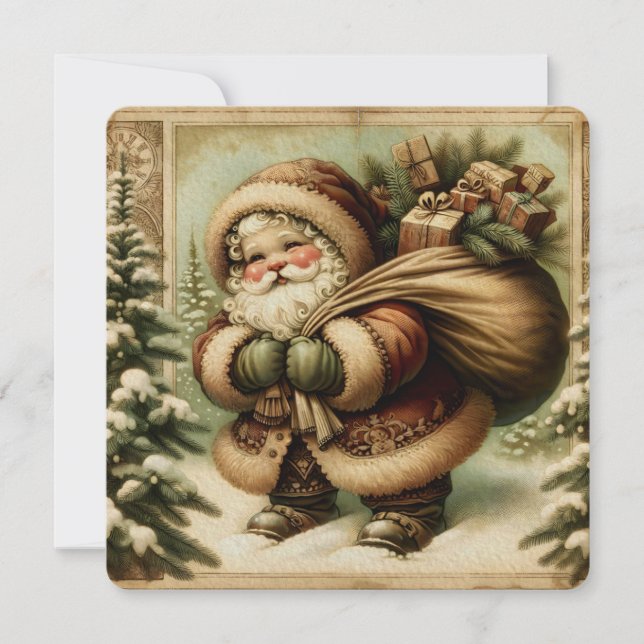 Retro Santa Claus with Gifts Holiday Card (Front)