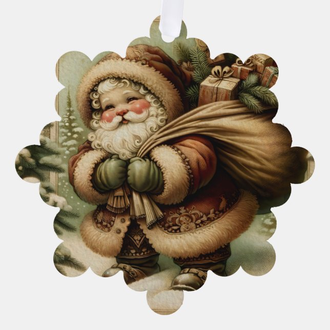 Retro Santa Claus with Gifts Ornament Card (Front)