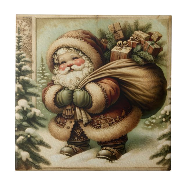 Retro Santa Claus with Gifts Tile (Front)