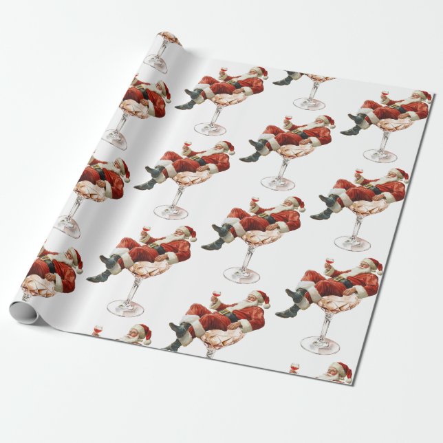 Retro Santa Cocktail Christmas Wrapping Paper (Unrolled)