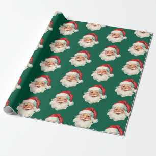 Retro Santa Face Christmas Green Wrapping Paper