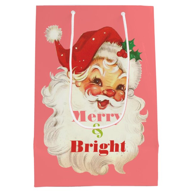 Retro Santa face Christmas Merry & Bright Medium Gift Bag (Back)