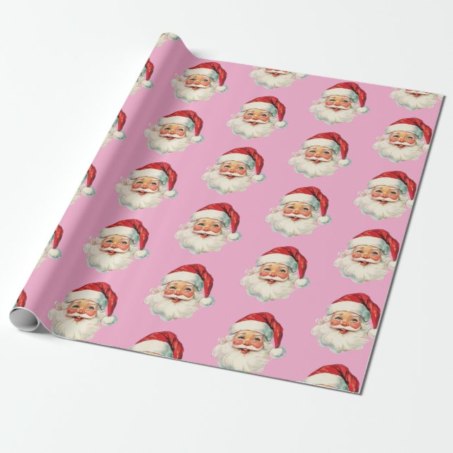 Retro Santa Face Christmas Pink Wrapping Paper (Unrolled)