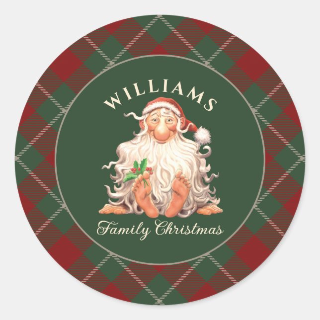 Retro Santa Family Christmas with Name and Year Classic Round Sticker (Front)