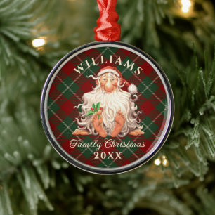 Retro Santa Family Christmas with Name and Year Metal Ornament