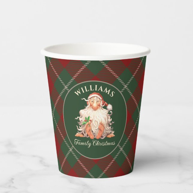 Retro Santa Family Christmas with Name and Year Paper Cups (Front)