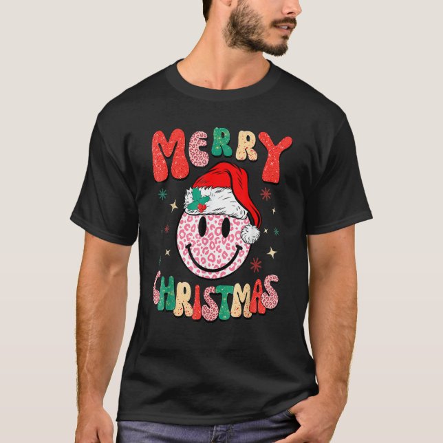 Retro Santa Hat Leopard Smile Face Merry Christmas T-Shirt (Front)
