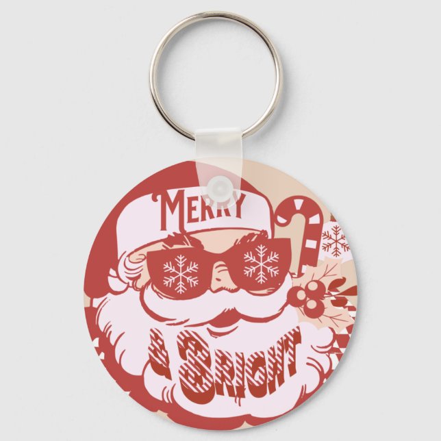 Retro Santa Merry and Bright Groovy   Keychain (Front)