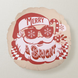 Retro Santa Merry and Bright Groovy   Round Pillow