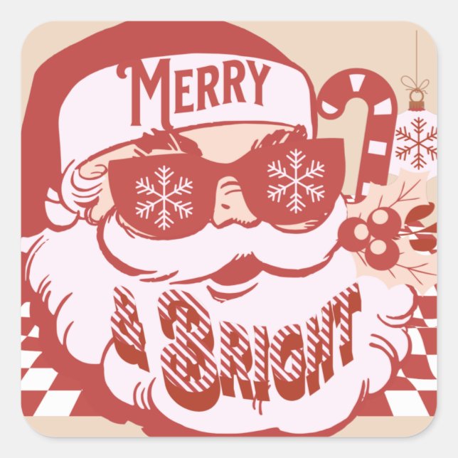 Retro Santa Merry and Bright Groovy    Square Sticker (Front)