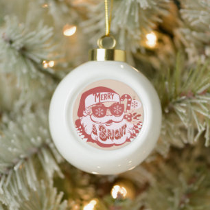 Retro Santa Merry Bright Christmas Pink Red Ceramic Ball Christmas Ornament