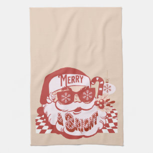Retro Santa Merry Bright Christmas Pink Red   Kitchen Towel