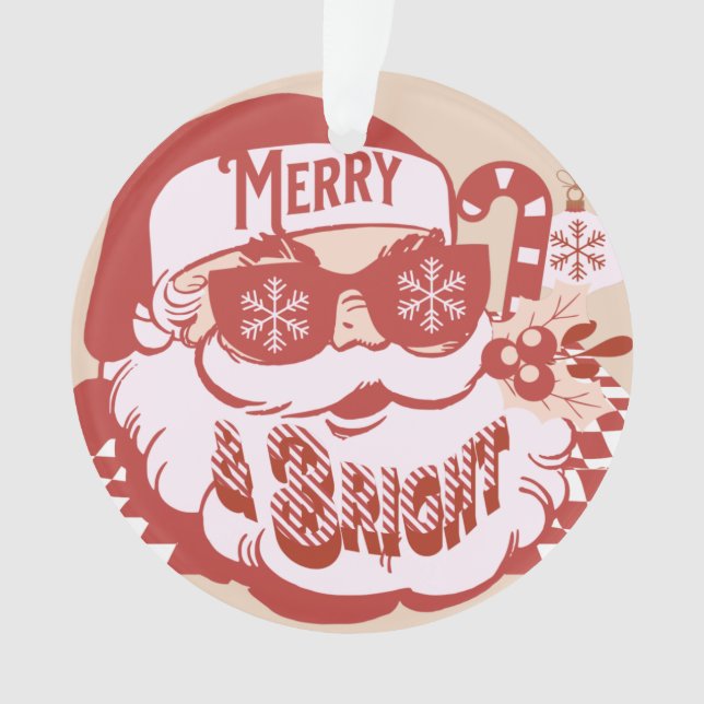 Retro Santa Merry Bright Christmas Pink Red     Ornament (Front)