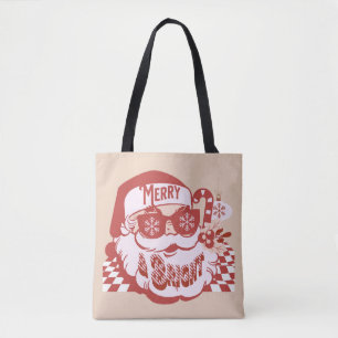 Retro Santa Merry Bright Christmas Pink Red       Tote Bag