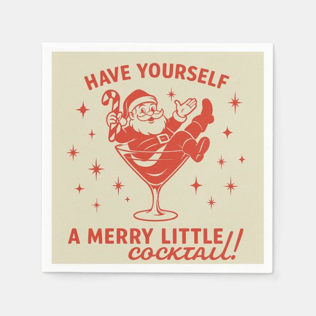 Retro Santa Merry Little Cocktail Christmas Napkin (Front)