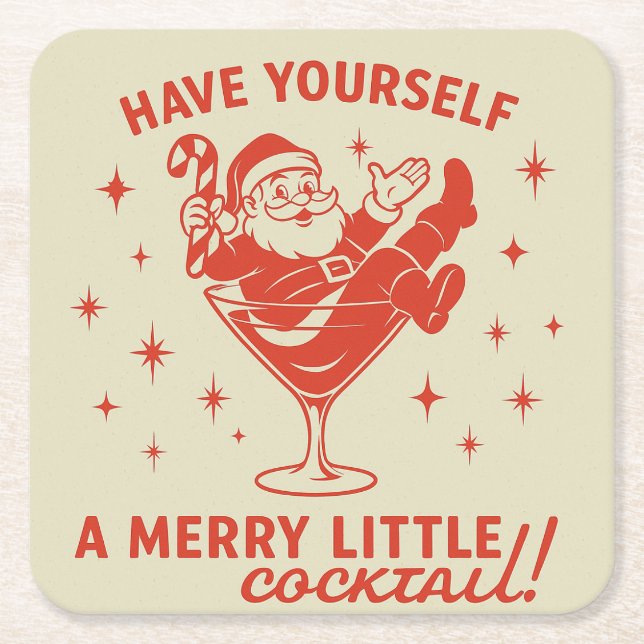 Retro Santa Merry Little Cocktail Paper Coaster (Front)