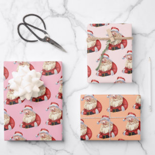 Retro Santa Pastel Pink Christmas Wrapping Paper