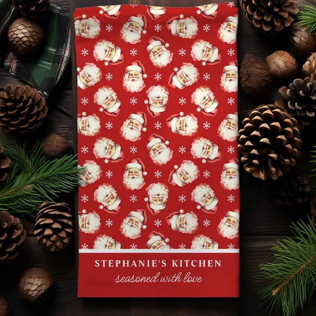 Retro Santa Red Personalized Name Christmas Kitchen Towel (Creator Uploaded)