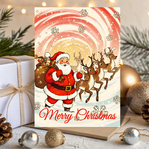 Retro Santa & Reindeer Blizzard Christmas Holiday Card