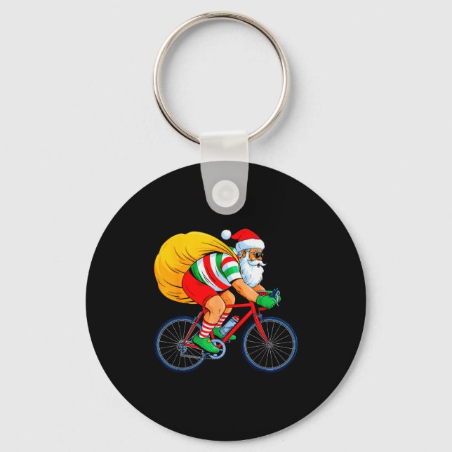 Retro Santa Riding Bicycle Cycling Biking Elf Bike Keychain (Front)