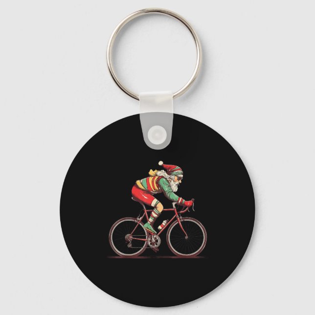 Retro Santa Riding Bicycle Cycling Biking Elf Bike Keychain (Front)