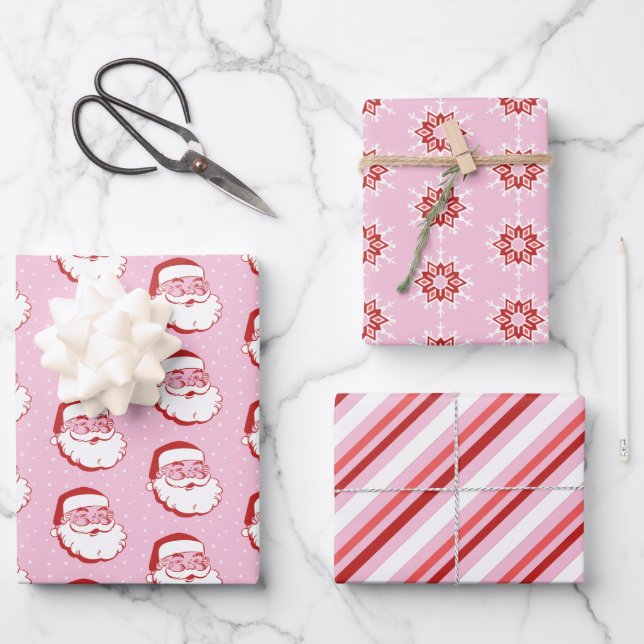 Retro Santa, Snowflakes & Stripes on Pink  Wrapping Paper Sheet (Front)