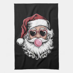 Retro Santa With Glasses Blowing Bubble Christmas Kitchen Towel